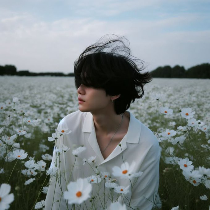 A person with windswept dark hair stands in a serene field of white daisies under a soft sky, gazing contemplatively to the side. The peaceful, fresh atmosphere mirrors the post's hopeful message about embracing new opportunities and growth with $base.