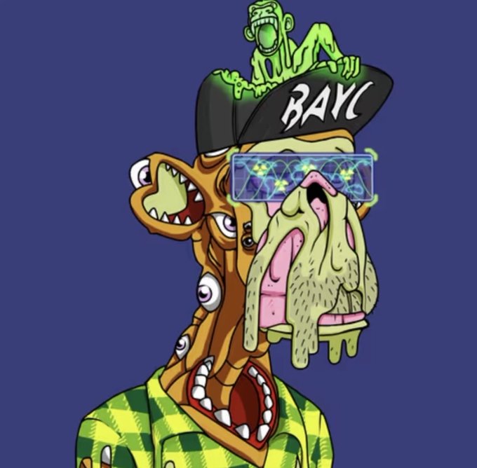 A green, distorted cartoon ape wearing a "BAYC" cap and glowing neon glasses, drooling and screaming with a smaller green ape perched on its hat, embodying the chaotic and proud energy of a Bored Ape Yacht Club member celebrating belonging to the community.