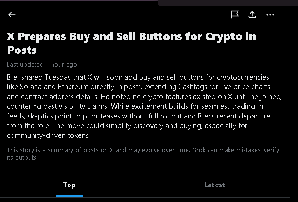 A screenshot of a news article titled 'X Prepares Buy and Sell Buttons for Crypto in Posts' detailing plans to add cryptocurrency trading features to the platform, noting past visibility claims and skepticism.