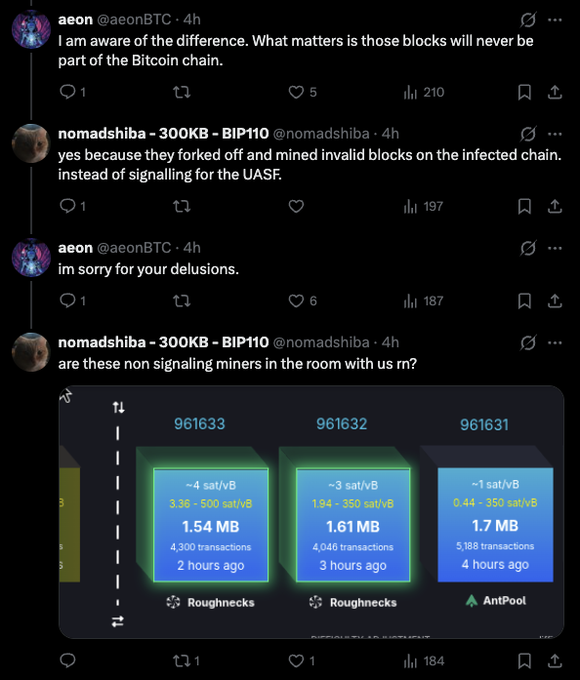 A Twitter thread discussing Bitcoin mining, showing exchanges between users @aeonBTC and @nomadshiba about non-signaling miners and the UASF, with a screenshot of recent blocks (961631-961633) mined by Roughnecks and AntPool.