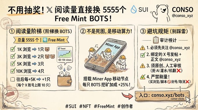 A promotional graphic in Chinese for a 'Free Mint BOTS!' campaign by @conso_xyz on the SUI network, offering 5,555 free mints based on view counts (1K, 3K, 5K, 10K views) and promoting a 'Miner App' that boosts mining power by +25%.