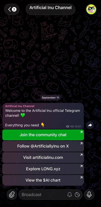 A Telegram screenshot of the "Artificial Inu Channel" (@3) shows a welcome message with links to join the community chat, follow @ArtificiallyInu on X, visit artificialinu.com, explore LONG.xyz, and view the $AI chart, supporting the post's invitation to join the $AI crypto community.