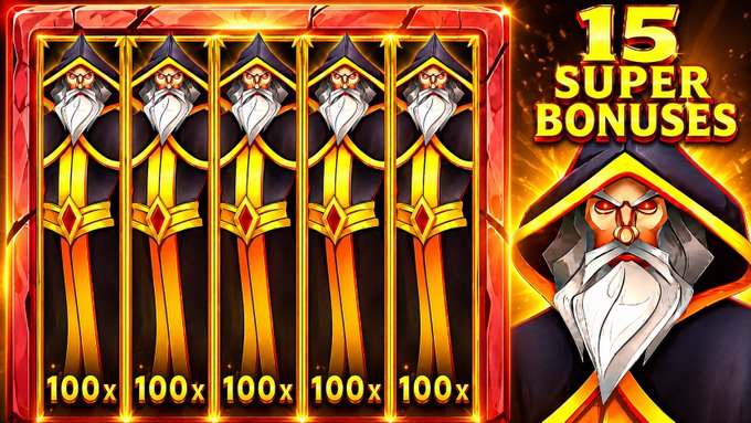 A digital slot machine promotional image featuring five wizard character symbols with "100x" multipliers on each reel, alongside bold text announcing "15 SUPER BONUSES." The image serves as eye-catching visual content for a $50 stake giveaway, where viewers are encouraged to retweet, follow, and engage with the linked YouTube video for a chance to win.