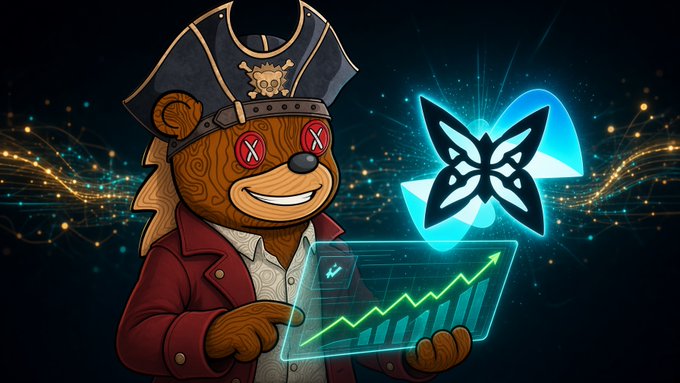 A cartoon pirate bear in a captain's hat and red coat holds a glowing holographic chart displaying an upward-trending bar graph with a rising arrow, set against a cosmic background featuring a blue butterfly-like logo and flowing golden data streams. The image ties to the post's theme of exploring quantum computing concepts through the qubit series, with the ascending chart and digital network imagery reflecting the "matching" and optimization work described.