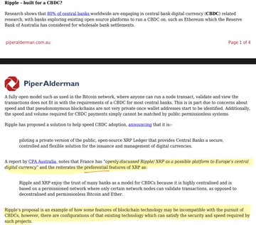 A document from PiperAlderman discussing Ripple's search for a CBDC partner, with highlighted sections noting that "France has 'openly discussed Ripple's XRP as a possible platform to Europe's central digital currency' [CBDC]" and that "Ripple and XRP enjoy the trust of many banks as a model for CBDCs because it is highly centralised and is based on a permissioned network." The image supports the accompanying post by providing documented evidence of the Bank of France's consideration of XRP for a potential Digital Euro CBDC platform.