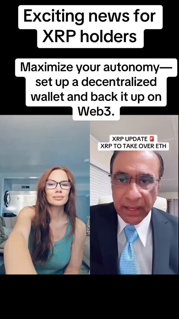 The image features a woman wearing glasses and a man dressed in a suit, both of them appearing to be talking to each other over a video call. The background of the image shows a kitchen area with an oven visible behind the two individuals. The caption below the image reads "Exciting news for XRP holders #xrpnews #xrpupdate #xrp".