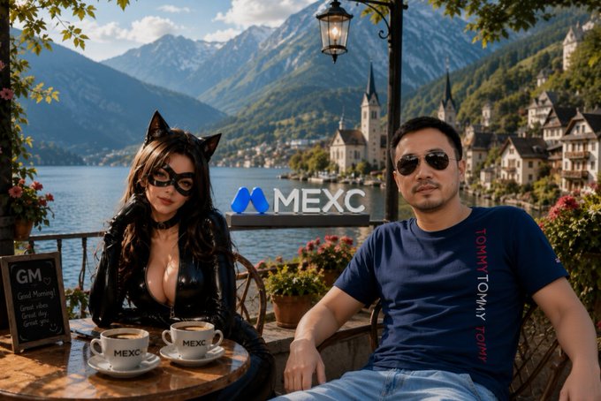 A stylized promotional image featuring a woman in a black cat-themed outfit and mask sitting next to a man in sunglasses at a café table with 'MEXC' branded coffee cups, with the MEXC logo and mountains in the background.