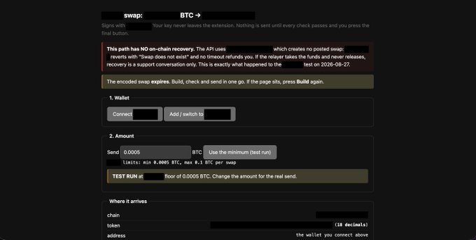 A cryptocurrency swap interface showing BTC token exchange with sections for Wallet verification, Amount (0.0005 BTC) with test run option, and destination address details with warnings about path recovery.