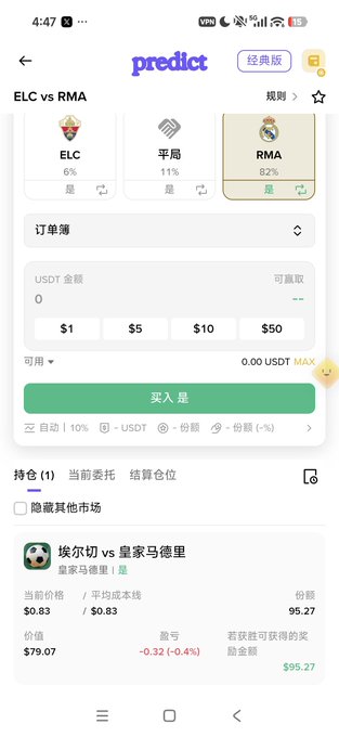 A screenshot of a "predict" app showing a sports betting interface for an ELC vs RMA match, with RMA having an 82% win probability and a green "买入 是" (Buy Yes) button visible at the bottom.