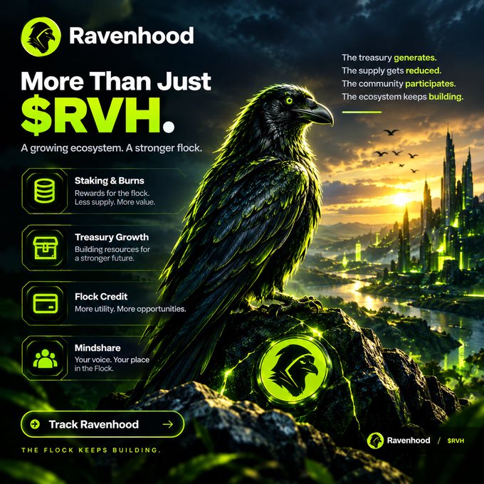 A promotional graphic for 'Ravenhood' ($RVH) featuring a large raven illustration, highlighting features like staking and burns, treasury growth, Flock Credit, and mindshare, with the tagline 'More Than Just $RVH.'