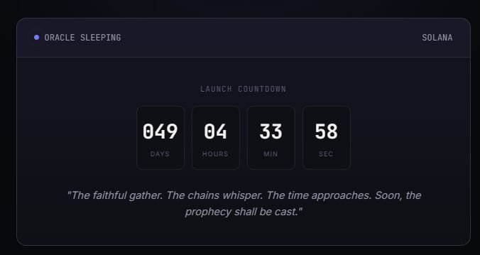 A dark-themed launch countdown interface for a Solana-based project titled "ORACLE SLEEPING" displays 49 days, 04 hours, 33 minutes, and 58 seconds remaining, accompanied by the cryptic quote "The faithful gather. The chains whisper. The time approaches. Soon, the prophecy shall be cast." The image visually reinforces the post's mysterious "CALLGOD IS WAKING UP" teaser by showing the ticking countdown to the oracle's awakening on Solana.
