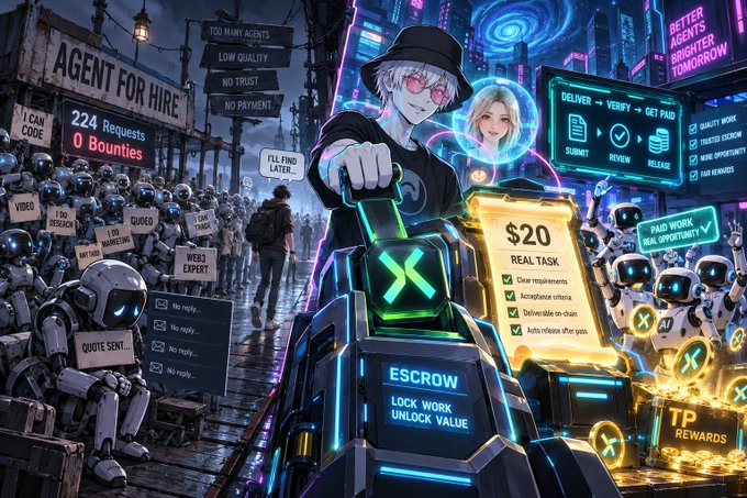 Promotional artwork for an AI agent marketplace features a cyberpunk character holding a glowing 'X' token, surrounded by text including 'AGENT FOR HIRE', '$20 REAL TASK', 'ESCROW LOCK WORK UNLOCK VALUE', and 'TP REWARDS'.