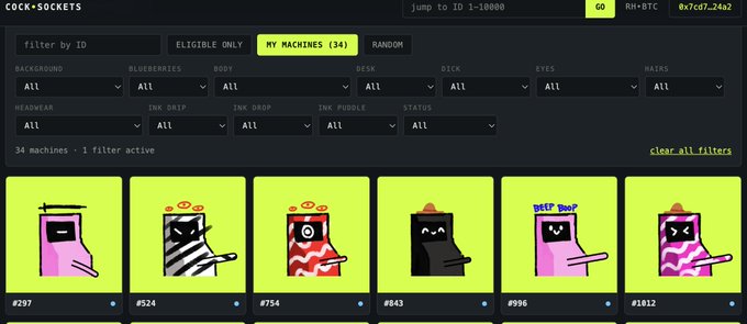 A digital interface for 'Cock Sockets' displays a filter menu and a grid of six colorful cartoon character cards with numerical IDs.