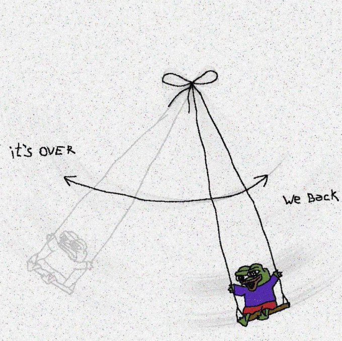 The focus of this image is a cartoon drawing of a frog sitting on a swing, with the text "it's over" written above the frog.