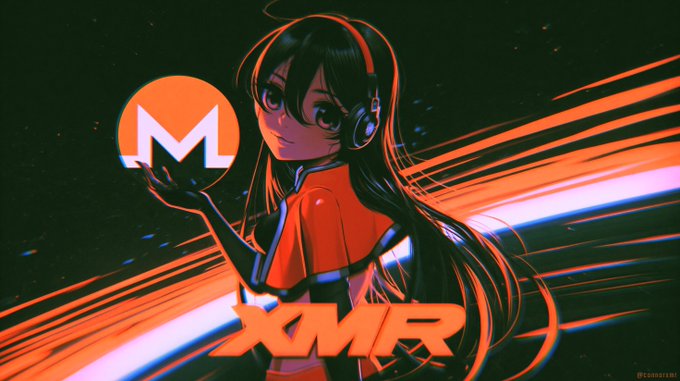 An anime-style illustration of a dark-haired girl holding a Monero (XMR) cryptocurrency logo, with "XMR" displayed prominently in orange text against a cosmic background.