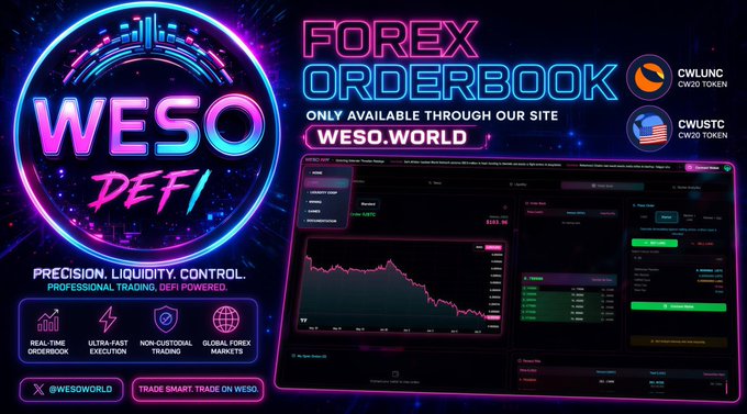 A promotional banner for 'WESO DEFI' advertising a 'FOREX ORDERBOOK' accessible at weso.world, featuring neon graphics and a trading interface screenshot.