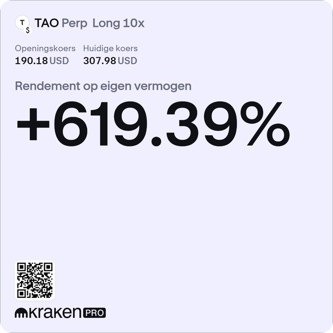 A Kraken Pro screenshot showing a TAO Perp Long 10x position with opening price 190.18 USD, current price 307.98 USD, and a return on equity of +619.39%, with a QR code at the bottom.