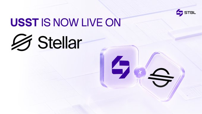 A promotional graphic announces "USST IS NOW LIVE ON Stellar" featuring the Stellar and STBL logos on purple 3D cubes against a light background.