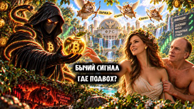 A vibrant, surreal crypto-themed illustration features a hooded reaper-like figure holding a Bitcoin apple beside a woman and man in a lush, heavenly garden, with cherubs holding "БЫЧКА" signs and central text reading "БЫЧИЙ СИГНАЛ ГДЕ ПОДВОХ?" ("Bull signal, where's the catch?"), along with bullish/bearish market labels, tying into the post's promotion of cryptocurrency exchanges and bullish Bitcoin sentiment.