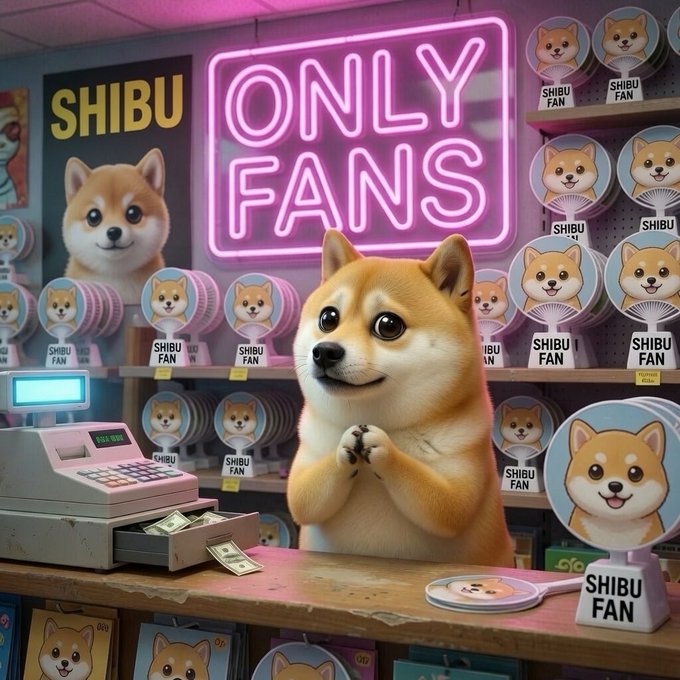 A stylized 3D render of a Shiba Inu dog standing at a cashier's counter in a shop filled with 'SHIBU FAN' merchandise under a pink neon 'ONLY FANS' sign.