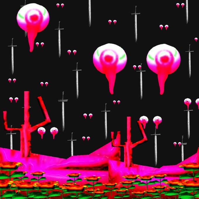 A surreal digital artwork depicting a dark landscape with pink ground, dead tree silhouettes, floating pink eyeball-like orbs dripping pink liquid, hanging swords, and small red flowers.