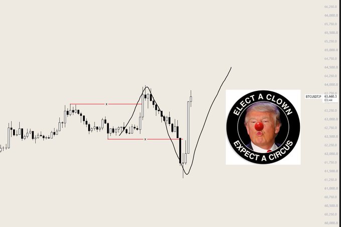 The image displays a BTCUSDT price chart with a sticker of Donald Trump with a clown nose and the text "ELECT A CLOWN EXPECT A CIRCUS," suggesting a chaotic or unpredictable market strategy.