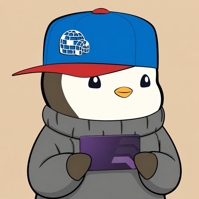 A cartoon penguin wearing a blue and red cap with an igloo logo and a gray sweater holds a purple tablet device.