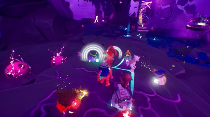 A screenshot from a vibrant, neon-colored video game showing characters and creatures engaged in battle within a purple, cavernous environment.