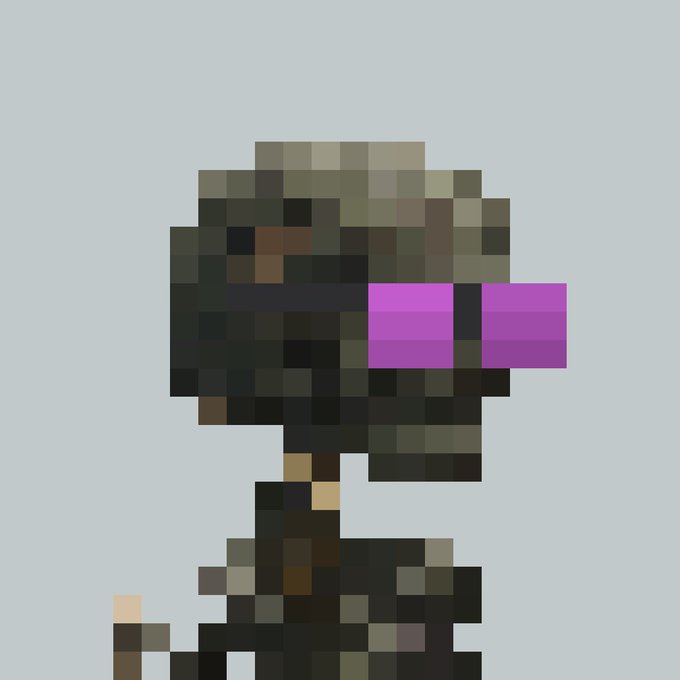 A pixel art image of a dark figure with bright purple sunglasses against a light blue background.