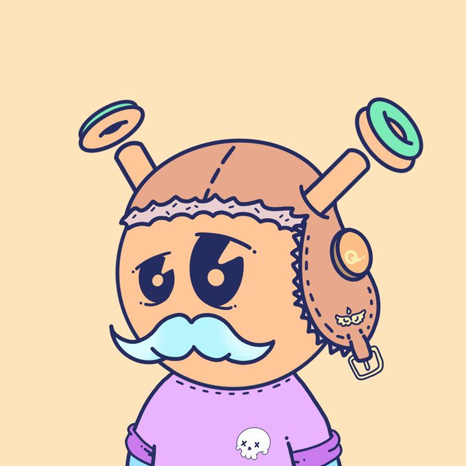 A cartoon illustration of a quirky character wearing a stitched aviator-style hat with antennae and a light blue mustache, dressed in a purple shirt with a small skull patch.