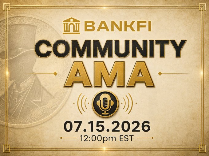 A gold and black promotional graphic for a 'BANKFI COMMUNITY AMA' scheduled for 07.15.2026 at 12:00pm EST, featuring a microphone icon and a silhouette of a person in a hat.