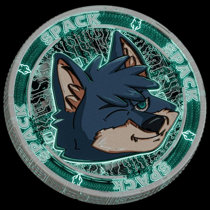 A metallic 'SPACK' coin featuring a snarling wolf/dog head illustration with teal circuit board background details.