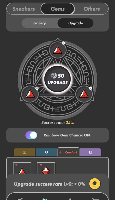 A mobile app screenshot showing a gem upgrade interface with a 50 UPGRADE button, a 35% success rate, and a Rainbow Gem Chance toggle set to ON.