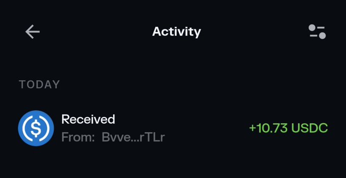 A cryptocurrency wallet activity screen showing a received transaction of +10.73 USDC from 'Bvve...rTLr' on a dark background.