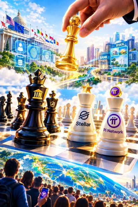 The image depicts a dramatic chess-themed crypto scene featuring a hand moving a golden chess piece above a board where traditional banking institutions (depicted as black pieces with "BANK" and government buildings) face off against emerging crypto projects like "Stellar" and "Pi Network" (shown as white pieces), while a crowd below watches a glowing digital world map displaying the Pi Network logo.

This visual reinforces the post's message about the "2026 Crypto Chessboard" by illustrating the high-stakes strategic battle between established financial/government powers and emerging cryptocurrencies, with the glowing Pi Network suggesting it has already been positioned as a key player in this financial restructuring game that onlookers shouldn't ignore.