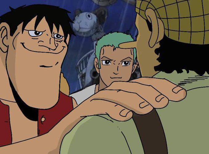 The image shows an animated scene with three characters, including one with green hair, appearing to confront or stare down another character whose back is turned to the viewer.

The image doesn't actually relate to the post about PFP (profile picture) NFT prices—it's a screenshot from an anime (appears to be One Piece) and doesn't contain any text, numbers, tickers, or names that would connect to cryptocurrency or NFT pricing discussions. The caption should simply describe the animated scene itself.