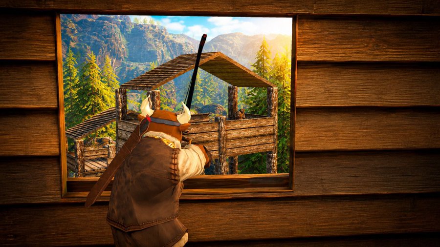 A character wearing a horned helmet and carrying a sword on their back gazes out from a wooden cabin window at a scenic mountain landscape with a wooden watchtower, fitting the 3D medieval adventure game theme of SnoopBullS.