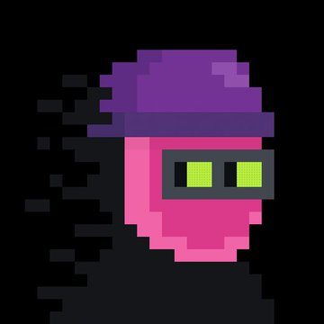 A simple pixel art icon depicting a pink face wearing a purple beanie and dark sunglasses against a black background.