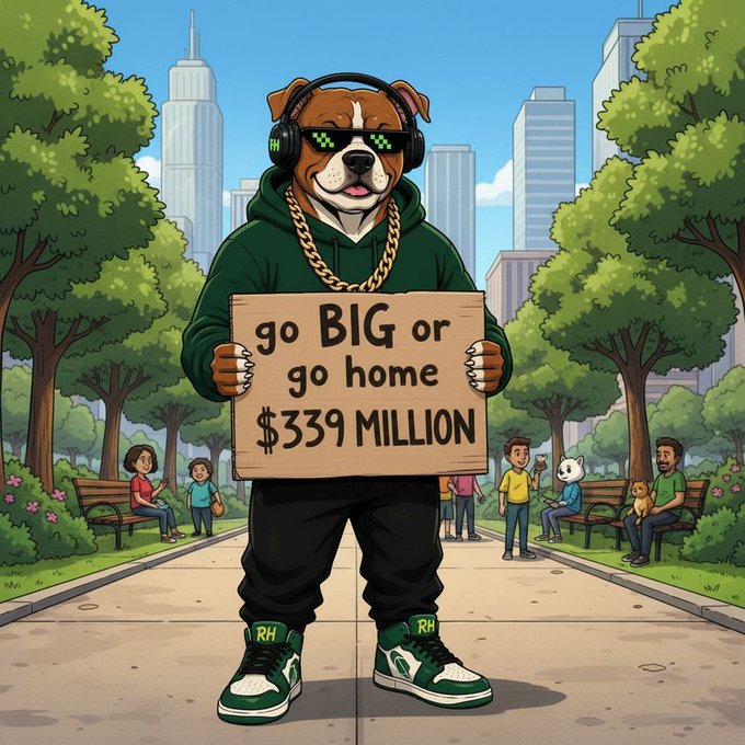 An anthropomorphic dog wearing sunglasses, headphones, a green hoodie, gold chains, and green sneakers stands in a park holding a cardboard sign that reads 'go BIG or go home $339 MILLION'.