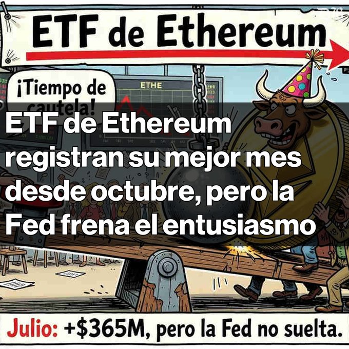 Spanish-language news graphic about 'ETF de Ethereum' featuring a cartoon bull in a party hat breaking through a wall; text states 'ETF de Ethereum registran su mejor mes desde octubre, pero la Fed frena el entusiasmo' with 'Julio: +$365M, pero la Fed no suelta.'