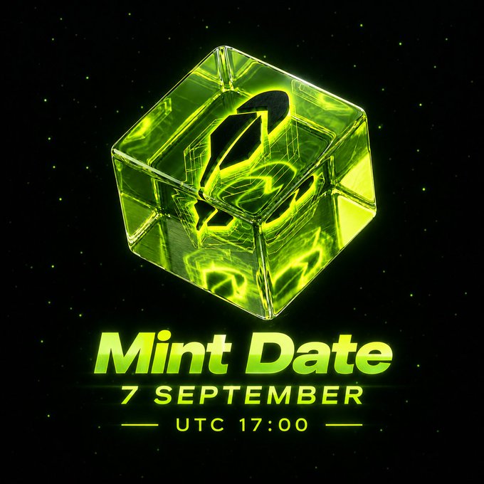 A transparent green cube containing a glowing alien/figure design floats against a starry black background, with the text "Mint Date 7 SEPTEMBER UTC 17:00" displayed below, announcing the upcoming NFT mint event.