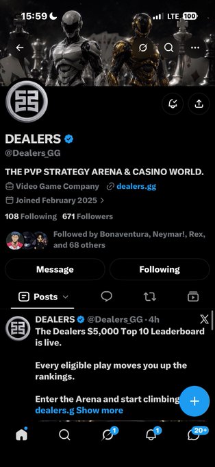 A mobile screenshot of the X (Twitter) profile for "DEALERS @Dealers_GG," verified as a "Video Game Company" joined February 2025, with 108 Following and 671 Followers, featuring a post promoting "The Dealers $5,000 Top 10 Leaderboard" for dealers.gg.