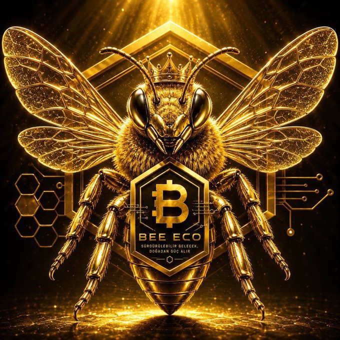 A digital artwork of a golden bee wearing a crown, featuring a Bitcoin logo and the text "BEE ECO" with Turkish text below.