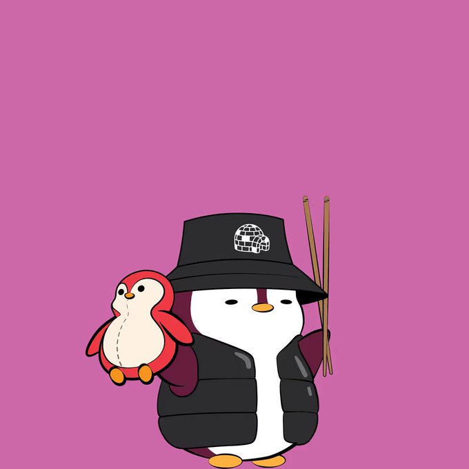 A cartoon penguin wearing a black bucket hat with a globe logo and a black puffer jacket holds drumsticks and a small red-and-white penguin plushie against a pink background.