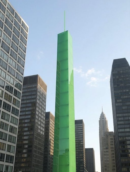 A tall skyscraper highlighted in bright green stands prominently among other city buildings against a blue sky.