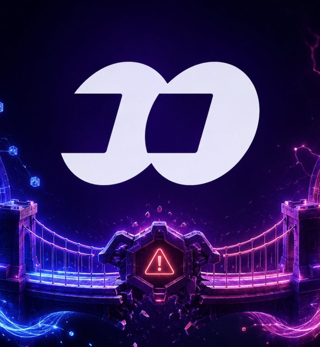 A stylized "F" logo hovers above a neon-lit bridge with a glowing red warning triangle at its center, symbolizing the temporary cross-chain outage affecting FOMO's bridge partner transactions. The cracked, fractured bridge imagery visually reinforces the disruption in cross-chain buys and sells.