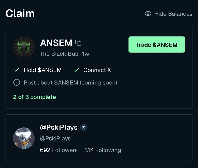 The image shows a "Claim" page on Bullpen displaying incomplete task requirements for $ANSEM, with 2 of 3 tasks completed (Hold $ANSEM and Connect X done, while "Post about $ANSEM" remains unfulfilled). The user profile shows "@PskiPlays" with 692 followers and 1.1K following. This relates to the user's concern about qualifying for the Airdrop, as their impressions may not be registering due to the incomplete third task ("Post about $ANSEM" coming soon).
