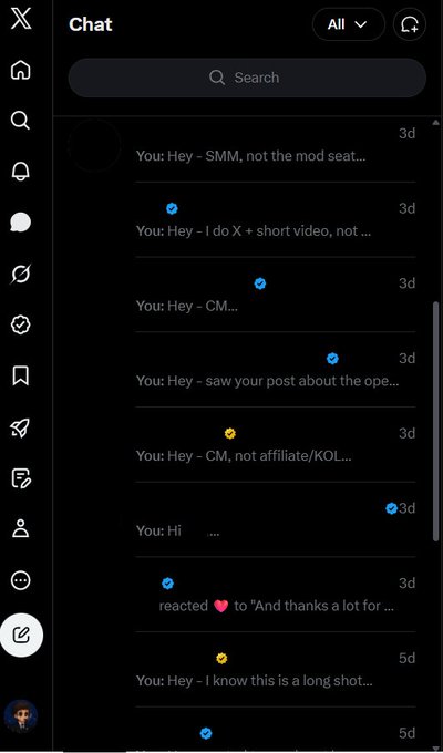 A screenshot of a dark-mode chat application interface showing various messages starting with 'You: Hey - SMM...', 'You: Hey - I do X + short video...', and others.