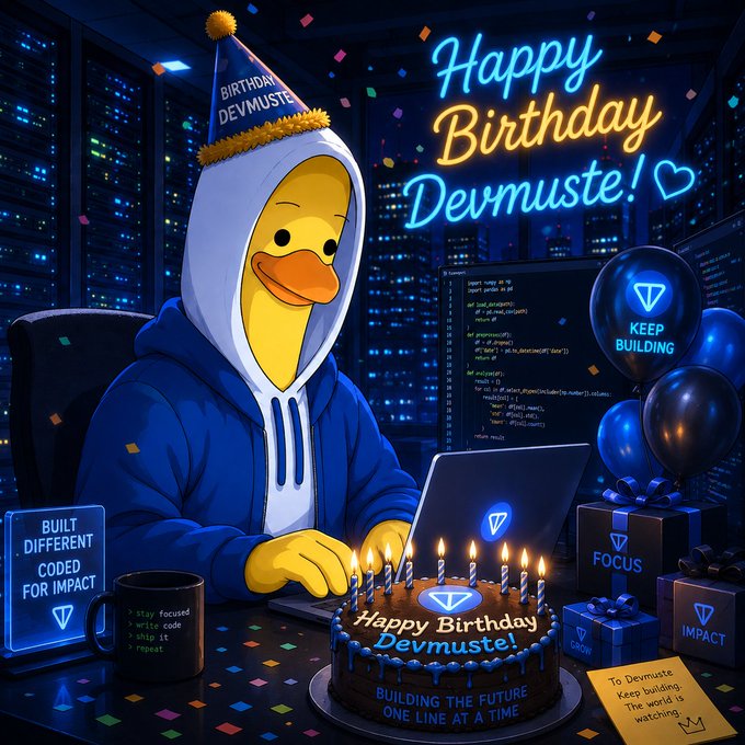 A cartoon duck wearing a "Birthday Devmuste" party hat and hoodie sits at a laptop in a neon-lit server room, celebrating with a chocolate birthday cake reading "Happy Birthday Devmuste!" and "Building the Future One Line at a Time." Surrounding the scene are motivational signs ("Built Different Coded for Impact," "Keep Building," "Focus," "Impact") and balloons, visually matching the post's reflective birthday message about growth, learning, and building.