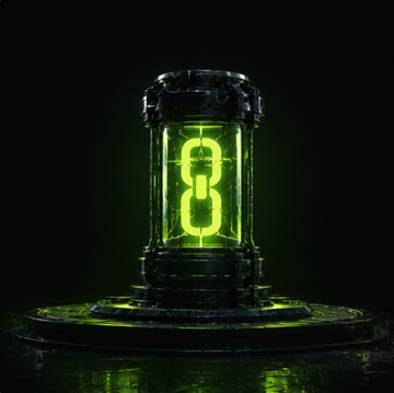 A glowing green cylindrical containment unit displaying the number "8" in a dark, atmospheric setting.